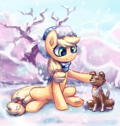 Size: 4069x4268 | Tagged: safe, artist:inowiseei, part of a set, applejack, winona, dog, earth pony, pony, g4, absurd resolution, beanie, c:, clothes, cottagecore, cute, ear fluff, eyes closed, female, hat, jackabetes, mare, petting, scarf, scenery, sitting, smiling, snow, snowfall, solo, underhoof, winter