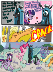 Size: 1114x1500 | Tagged: safe, artist:shrabby, applejack, pinkie pie, queen chrysalis, twilight sparkle, alicorn, pony, comic:change of heart (mutual taco), g4, cage, clone, comic, one eye closed, twilight sparkle (alicorn)