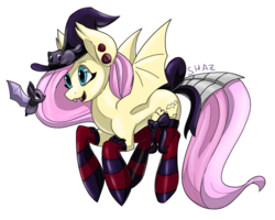 Size: 800x640 | Tagged: safe, artist:commander booty call, fluttershy, bat, bat pony, pony, g4, clothes, female, flutterbat, hat, race swap, simple background, socks, solo, striped socks, tail bow, transparent background, witch hat