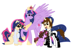 Size: 3000x2237 | Tagged: safe, artist:edcom02, artist:jmkplover, twilight sparkle, oc, oc:gwen reilly parker sparkle, oc:mayday parker sparkle, alicorn, pegasus, pony, unicorn, spiders and magic: rise of spider-mane, g4, alicorn oc, clothes, crossover, ethereal mane, family, female, future foundation, glasses, group, high res, lab coat, male, mare, offspring, older twilight, parent:peter parker, parent:twilight sparkle, parents:spidertwi, peter parker, simple background, spider-man, spiders and magic iv: the fall of spider-mane, transparent background, twilight sparkle (alicorn), ultimate twilight
