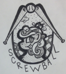 Size: 976x1106 | Tagged: safe, artist:cutenerdybean23, screwball, g4, baseball, baseball bat, female, hat, monochrome, propeller hat, solo, swirly eyes