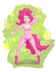 Size: 1600x2034 | Tagged: safe, artist:amaterassa, pinkie pie, human, g4, belly, belly button, bubblegum, catsuit, eared humanization, female, food, gum, humanized, looking at you, solo, tailed humanization