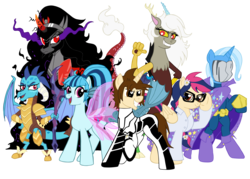 Size: 3167x2270 | Tagged: safe, artist:edcom02, artist:jmkplover, discord, king sombra, princess ember, sonata dusk, trixie, oc, oc:mayday parker sparkle, draconequus, dragon, pegasus, pony, unicorn, spiders and magic: rise of spider-mane, equestria girls, g4, avengers, bipedal, bloodstone scepter, crossover, dragon armor, dragon lord ember, equestria girls ponified, equestrian avengers, eris, group, high res, male, mysterio, offspring, parent:peter parker, parent:twilight sparkle, parents:spidertwi, peter parker, ponified, queen umbra, rule 63, simple background, sombra eyes, spider-man, spiders and magic iv: the fall of spider-mane, transparent background