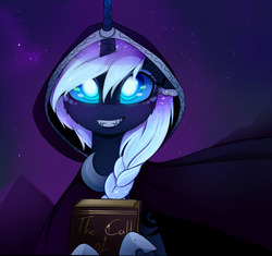 Size: 1280x1202 | Tagged: safe, artist:magnaluna, princess luna, alicorn, pony, g4, book, braid, call of cthulhu, cloak, clothes, fangs, female, glowing eyes, grin, looking at you, mare, night, smiling, solo, stars