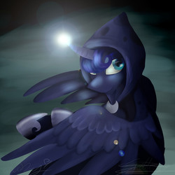 Size: 5499x5499 | Tagged: safe, artist:thedutchbrony, princess luna, spirit of hearth's warming yet to come, g4, absurd resolution, cloak, clothes, female, glowing horn, horn, snow, solo