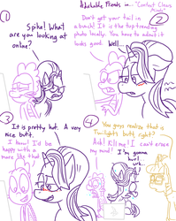 Size: 1280x1611 | Tagged: safe, artist:adorkabletwilightandfriends, moondancer, spike, starlight glimmer, dragon, pony, unicorn, comic:adorkable twilight and friends, g4, adorkable friends, adorkable twilight, blushing, brain bleach, butt, comic, computer, dialogue, floppy ears, implied baby got back, internet, laptop computer, lidded eyes, lineart, nauseous, open mouth, plot, slice of life, social media, sweat, wide eyes
