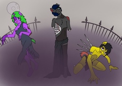 Size: 1476x1039 | Tagged: safe, artist:linedraweer, oc, oc only, oc:bigdog pie, oc:blue, oc:turquoise heart, earth pony, unicorn, zombie, anthro, unguligrade anthro, anthro oc, broken horn, clothes, commission, costume, halloween, horn