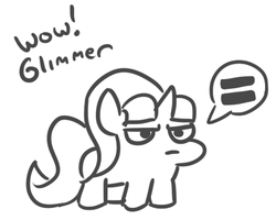 Size: 429x344 | Tagged: safe, artist:jargon scott, starlight glimmer, pony, unicorn, g4, black and white, chibi, equal sign, equality, female, frown, glare, grayscale, monochrome, pictogram, simple background, solo, speech bubble, starlight glimmer is not amused, unamused, white background, wow, wow! glimmer