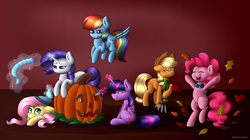 Size: 2500x1400 | Tagged: safe, artist:spirit-dude, applejack, fluttershy, pinkie pie, rainbow dash, rarity, spike, twilight sparkle, alicorn, pony, g4, clothes, glowing horn, halloween, horn, jack-o-lantern, mane six, pumpkin, pumpkin carving, rake, scarf, twilight sparkle (alicorn)