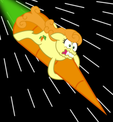 Size: 1171x1260 | Tagged: safe, artist:s4ncho, carrot top, golden harvest, earth pony, pony, beyond her garden, g4, background pony, carrot, female, food, gritted teeth, mare, newbie artist training grounds, riding, rocket, solo, speed lines, wavy mouth, wide eyes