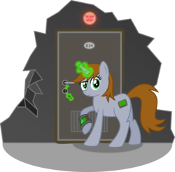 Size: 1697x1670 | Tagged: safe, artist:s4ncho, oc, oc only, oc:littlepip, pony, unicorn, fallout equestria, butt, door, fanfic, fanfic art, female, glowing horn, hairpin, hooves, horn, levitation, lockpicking, magic, mare, newbie artist training grounds, numbers, pipbuck, plot, raised hoof, screwdriver, show accurate, solo, telekinesis, text