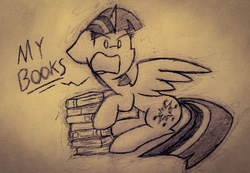 Size: 2251x1554 | Tagged: safe, artist:toothpastethy, twilight sparkle, alicorn, pony, g4, book, bookhorse, cutie mark, disgruntled, female, grayscale, monochrome, protecting, sketch, solo, text, that pony sure does love books, twilight sparkle (alicorn)