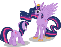 Size: 2267x1774 | Tagged: safe, artist:s4ncho, twilight sparkle, alicorn, pony, unicorn, g4, crown, duality, duo, ethereal mane, female, future future twilight, hilarious in hindsight, imminent death, in time, jewelry, mare, movie reference, newbie artist training grounds, older, older twilight, regalia, self ponidox, shoes, simple background, tattoo, time paradox, time travel, transparent background, twilight sparkle (alicorn), ultimate twilight, unicorn twilight, vector