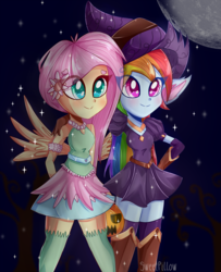 Size: 1280x1579 | Tagged: safe, artist:vixelzf, fluttershy, rainbow dash, fairy, equestria girls, g4, boots, clothes, colored pupils, costume, female, halloween, lesbian, miniskirt, night, nightmare night, ship:flutterdash, shipping, shoes, skirt, socks, thigh boots, thigh highs, thigh socks, witch