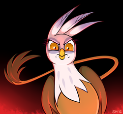 Size: 879x816 | Tagged: safe, artist:sorcerushorserus, gilda, griffon, g4, female, gradient background, looking at you, solo, stare, stare down