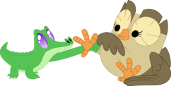 Size: 3552x1791 | Tagged: safe, artist:porygon2z, gummy, owlowiscious, alligator, bird, owl, reptile, g4, simple background, smelling, talons, transparent background, vector