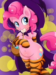 Size: 900x1200 | Tagged: safe, artist:umejiru, pinkie pie, earth pony, anthro, semi-anthro, g4, arm hooves, belly, belly button, breasts, candy, cape, clothes, featureless breasts, featureless crotch, female, food, halloween, hat, lollipop, pixiv, plump, socks, solo, striped socks, witch hat