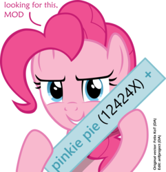 Size: 1800x1869 | Tagged: safe, artist:felix-kot, edit, pinkie pie, derpibooru, g4, female, fourth wall, looking at you, meta, simple background, solo, tags, transparent background, vector