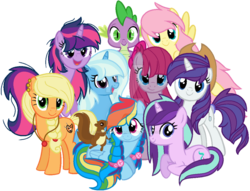 Size: 1024x781 | Tagged: safe, artist:bezziie, applejack, fluttershy, pinkie pie, rainbow dash, rarity, spike, starlight glimmer, trixie, twilight sparkle, alicorn, pony, g4, alternate universe, mane six, twilight sparkle (alicorn), watermark