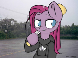 Size: 959x712 | Tagged: safe, artist:tokipeach, pinkie pie, g4, baseball bat, clothes, female, hoodie, hoof hold, photoshop, pinkamena diane pie, smiling, solo