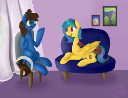 Size: 3250x2500 | Tagged: safe, artist:puffysmosh, applejack, oc, pegasus, pony, unicorn, g4, chair, couch, duo, guitar, high res, prone, sitting