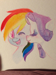 Size: 852x1136 | Tagged: safe, artist:whale, rainbow dash, rarity, pegasus, pony, unicorn, g4, blushing, bust, cheek kiss, eyes closed, eyeshadow, female, kissing, lesbian, makeup, mare, one eye closed, open mouth, ship:raridash, shipping, smiling, traditional art, watercolor painting, wink