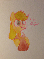 Size: 852x1136 | Tagged: safe, artist:whale, applejack, earth pony, pony, g4, cowboy hat, crying, dialogue, female, hat, hatless, hoof hold, missing accessory, open mouth, solo, stetson, tears of joy, the smiling pony, traditional art, watercolor painting