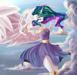 Size: 4000x3910 | Tagged: safe, artist:zefirayn, princess celestia, alicorn, anthro, g4, armpits, clothes, cloud, cute, dress, eyes closed, female, fluffy, flying, grin, smiling, solo, spread wings, windswept mane