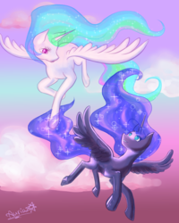 Size: 1600x2000 | Tagged: safe, artist:auriaslayer, princess celestia, princess luna, alicorn, pony, g4, cloud, ethereal mane, ethereal tail, female, flying, looking at each other, looking at someone, mare, royal sisters, sky, smiling, starry mane, starry tail, tail