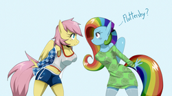 Size: 1599x890 | Tagged: safe, artist:traupa, fluttershy, rainbow dash, anthro, alternate hairstyle, blushing, breasts, busty fluttershy, busty rainbow dash, cleavage, clothes, clothes swap, dress, female, flutterdash, lesbian, mane swap, midriff, rainbow dash always dresses in style, role reversal, shipping, shorts, socks, sudden style change, tanktop, thigh highs, wide eyes
