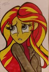 Size: 1337x1941 | Tagged: safe, artist:meerkatminer, sunset shimmer, equestria girls, g4, clothes, female, jacket, leather jacket, sad, scene interpretation, signature, solo, traditional art