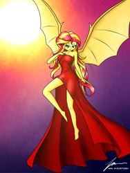 Size: 1500x2000 | Tagged: safe, artist:ivanmacintosh, sunset shimmer, equestria girls, g4, barefoot, bat wings, clothes, feet, female, red dress, signature, solo, space, sun
