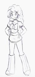 Size: 640x1392 | Tagged: safe, artist:elgatosabio, pinkie pie, equestria girls, g4, boots, clothes, cute, female, legs, monochrome, simple background, skirt, solo, traditional art
