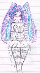 Size: 1109x2018 | Tagged: safe, artist:elgatosabio, aria blaze, equestria girls, g4, bare shoulders, blushing, choker, clothes, corset, female, lined paper, monochrome, partial color, skirt, sleeveless, socks, solo, strapless, striped socks, traditional art