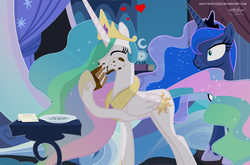 Size: 2913x1923 | Tagged: safe, artist:shutterflyeqd, princess celestia, princess luna, alicorn, pony, g4, cake, cakelestia, eating, female, food, hilarious in hindsight in description, jewelry, mare, regalia, royal sisters, siblings, sisters