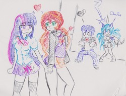 Size: 2835x2166 | Tagged: safe, artist:elgatosabio, flash sentry, sunset shimmer, twilight sparkle, oc, oc:lucy, equestria girls, g4, :3, arrow, blushing, bow (weapon), clothes, crying, cupid, female, gritted teeth, heart, heartbreak, high res, holding hands, legs, lesbian, male, miniskirt, oh crap, ship:sunsetsparkle, shipping, skirt, socks, thigh highs, traditional art