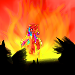 Size: 1024x1024 | Tagged: safe, artist:brainiac, oc, oc only, oc:rose sniffer, pony, unicorn, alone, burning, crying, fear, female, fire, full body, lesbian, mare, message, shadow, silhouette, solo