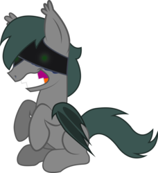 Size: 2851x3130 | Tagged: safe, artist:duskthebatpack, oc, oc only, oc:eavesdrop, bat pony, demon, pony, blindfold, grin, high res, insanity, male, simple background, smiling, solo, stallion, transparent background, vector