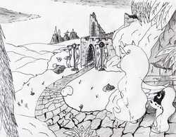 Size: 3103x2421 | Tagged: safe, artist:40kponyguy, derpibooru exclusive, princess luna, g4, female, high res, monochrome, ruins, scenery, solo, traditional art, wip