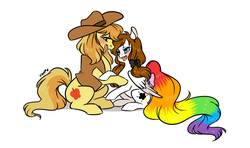 Size: 1101x653 | Tagged: safe, artist:nemovonsilver, braeburn, oc, oc:color splash, pegasus, pony, g4, blushing, canon x oc, shipping