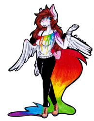 Size: 1280x1649 | Tagged: safe, artist:mscolorsplash, oc, oc only, oc:color splash, pegasus, anthro, plantigrade anthro, rainbow tail, simple background, solo, traditional art, transparent background