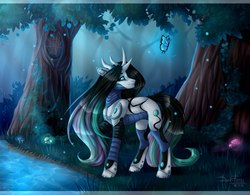 Size: 1280x997 | Tagged: safe, artist:dark-fox01, oc, oc only, oc:danteliana, butterfly, pony, robot, robot pony, forest, mushroom, night, river, tree