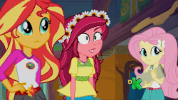 Size: 480x270 | Tagged: safe, screencap, fluttershy, gloriosa daisy, sunset shimmer, equestria girls, g4, my little pony equestria girls: legend of everfree, animated, discovery kids, eye twitch, female, gif, magical geodes