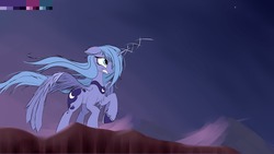 Size: 2400x1350 | Tagged: safe, artist:aurelleah, princess luna, g4, angry, chest fluff, cliff, crying, ear fluff, ears back, female, frown, looking away, magic, messy mane, mountain, raised hoof, s1 luna, sad, solo, spread wings, sunset, windswept mane, wings, wip