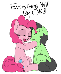 Size: 1280x1559 | Tagged: safe, artist:pabbley, pinkie pie, oc, oc:anon, earth pony, pony, g4, comforting, dialogue, duo, eyes closed, floppy ears, hug, nuzzling, simple background, white background