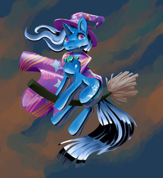 Size: 1173x1280 | Tagged: safe, artist:trunchbull, trixie, pony, unicorn, g4, broom, female, flying, flying broomstick, latex, metallic, rubber, shiny, solo