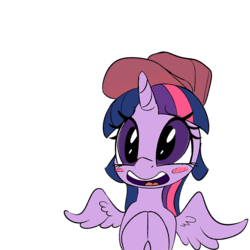 Size: 1000x1000 | Tagged: safe, artist:coinpo, edit, twilight sparkle, alicorn, pony, g4, blush sticker, blushing, cute, female, hat, open mouth, simple background, smiling, solo, spread wings, transparent background, twiabetes, twilight sparkle (alicorn)