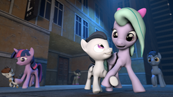 Size: 3840x2160 | Tagged: safe, artist:viranimation, blues, flitter, noteworthy, octavia melody, pipsqueak, rumble, twilight sparkle, g4, 3d, city, high res, hoof polish, implied shipping, male, nail polish, piplight, ship:flitterumble, shipping, source filmmaker, straight, twipip