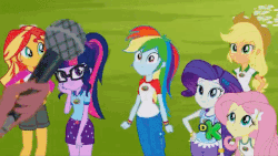 Size: 480x270 | Tagged: safe, screencap, applejack, fluttershy, gloriosa daisy, rainbow dash, rarity, sci-twi, sunset shimmer, timber spruce, twilight sparkle, equestria girls, g4, my little pony equestria girls: legend of everfree, animated, cute, dashabetes, discovery kids, gif, magical geodes
