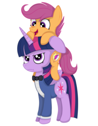 Size: 1024x1319 | Tagged: safe, artist:squipycheetah, scootaloo, twilight sparkle, alicorn, pegasus, pony, the count of monte rainbow, g4, albert de morcef, alternate universe, annoyed, bowtie, clothes, cute, cutealoo, cutie mark, duo, father and son, female, filly, floppy ears, folded wings, grumpy, grumpy twilight, happy, jacket, looking at you, looking down, looking up, mondego, monsparkle, open mouth, ponies riding ponies, pony hat, riding, scootabert, scootaloo riding twilight, scootalove, simple background, smiling, standing, the cmc's cutie marks, the count of monte cristo, transparent background, twilight sparkle (alicorn), twilight sparkle is not amused, vector